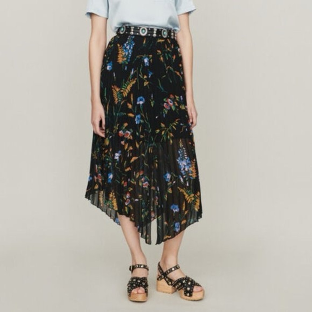 Maje black floral assymetrical pleated midi skirt - Small (1) - Picture 1 of 6